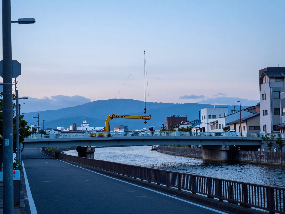 Nautical Dawn Street Scene in Fukuoka Japan with Bridge Maintenance and Urban Life in in Fukuoka, Japan