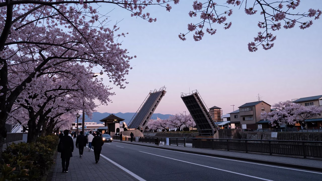 Nautical Dawn Street Scene in Fukuoka Japan with Cherry Blossoms and Urban Life in in Fukuoka, Japan