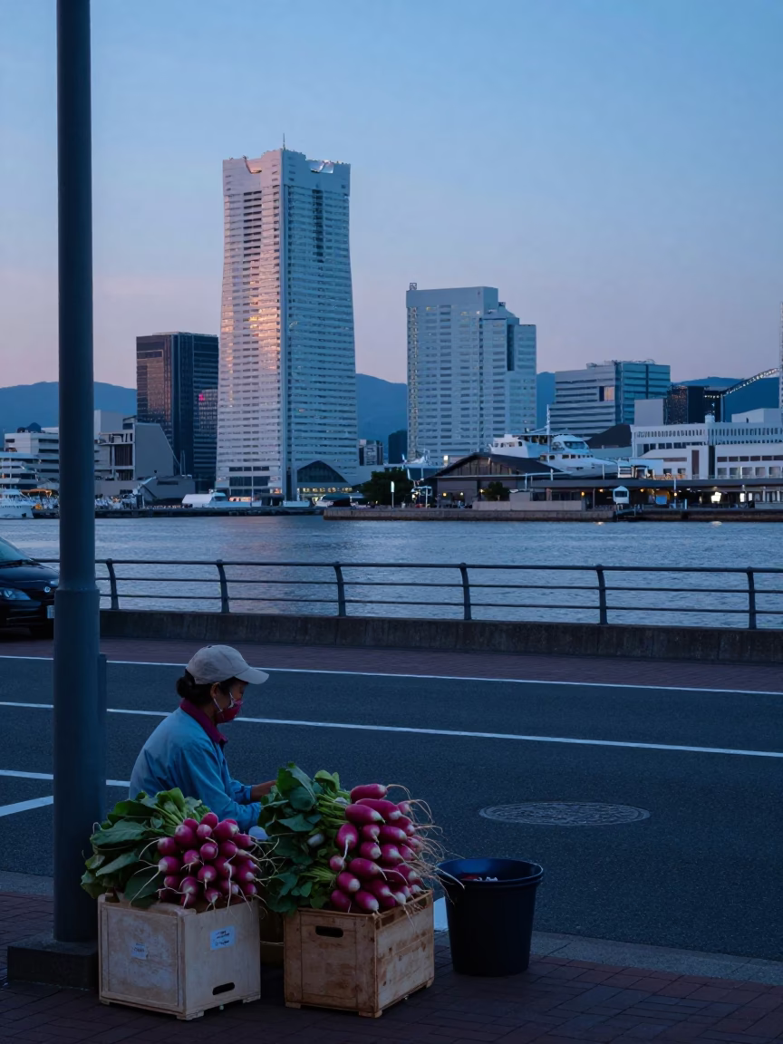 Nautical Dawn Street Scene in Fukuoka Japan with Morning Light and Local Market Activity in in Fukuoka, Japan