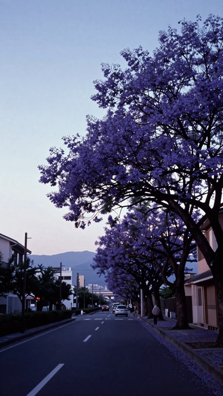 Nautical Dawn Street Scene in Fukuoka Japan with Purple Jacaranda Bloom in in Fukuoka, Japan