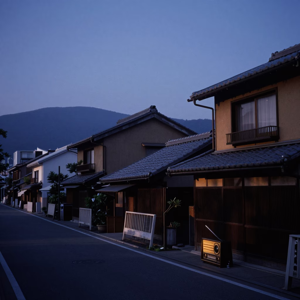 Nautical Dawn Street Scene in Fukuoka Japan with Vintage Radio and Scarf in in Fukuoka, Japan