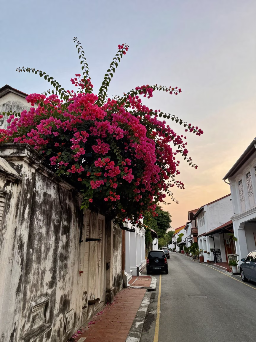 Nautical Dawn Street Scene in George Town Malaysia with Bougainvillea and Brushed Steel Frame in in George Town, Malaysia