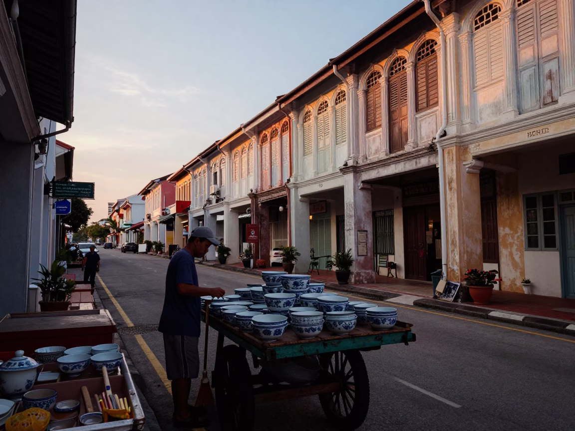 Nautical Dawn Street Scene in George Town Malaysia with Porcelain and Broom in in George Town, Malaysia