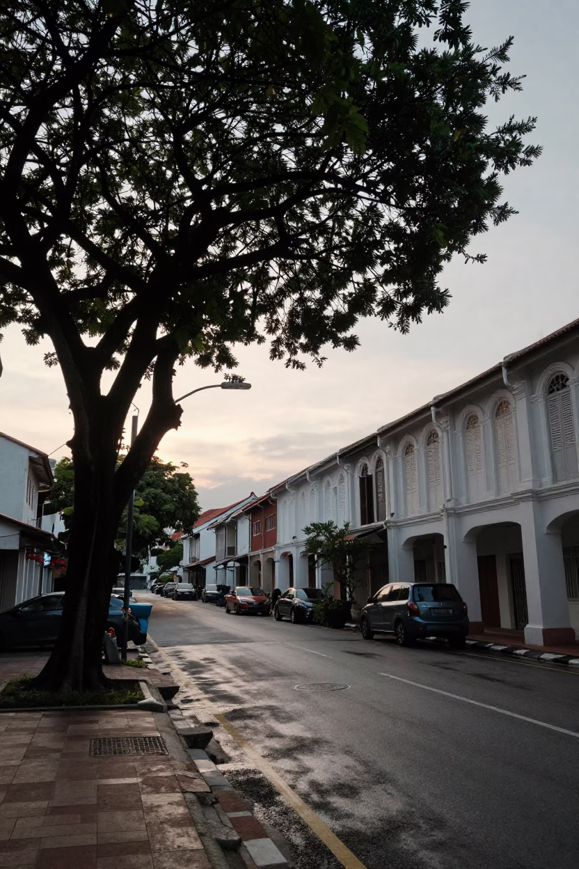 Nautical Dawn Street Scene in George Town Malaysia with Tamarind Tree and Vintage Activity in in George Town, Malaysia