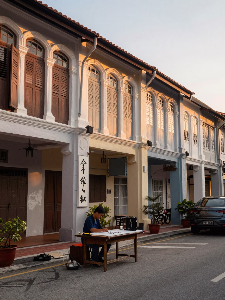 Nautical Dawn Street Scene in George Town Malaysia with Traditional Calligraphy and Local Life in in George Town, Malaysia