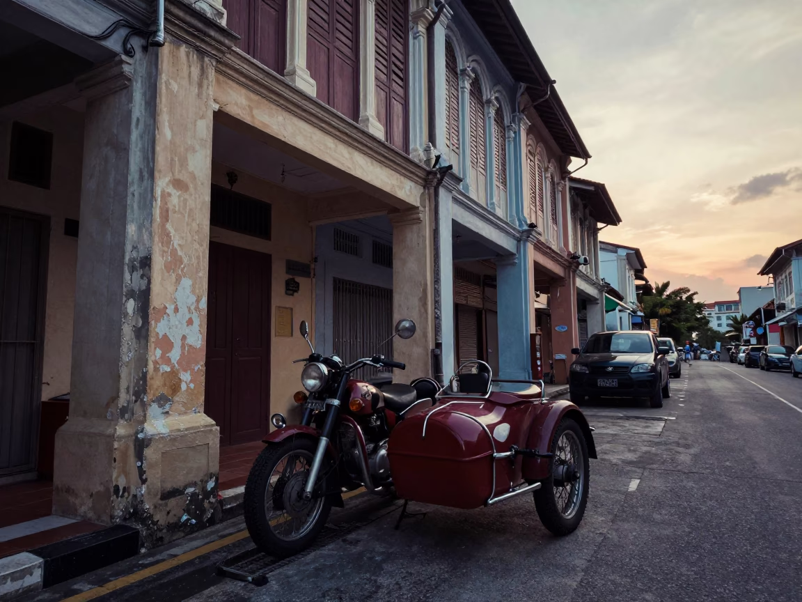 Nautical Dawn Street Scene in George Town Malaysia with Vintage Motorcycle and Sunlight in in George Town, Malaysia