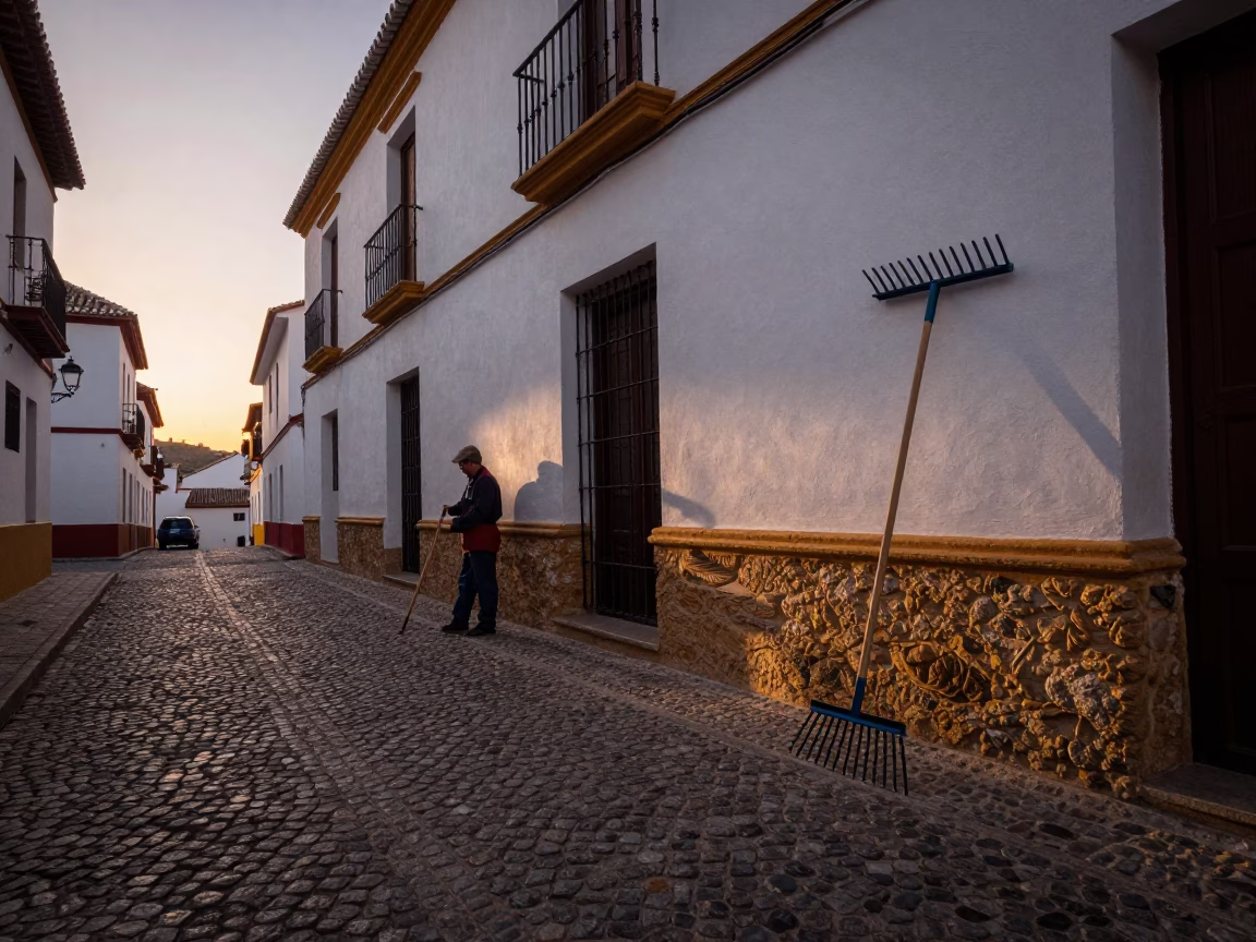 Nautical Dawn Street Scene in Granada Spain with Garden Rake and Churros in in Granada, Spain
