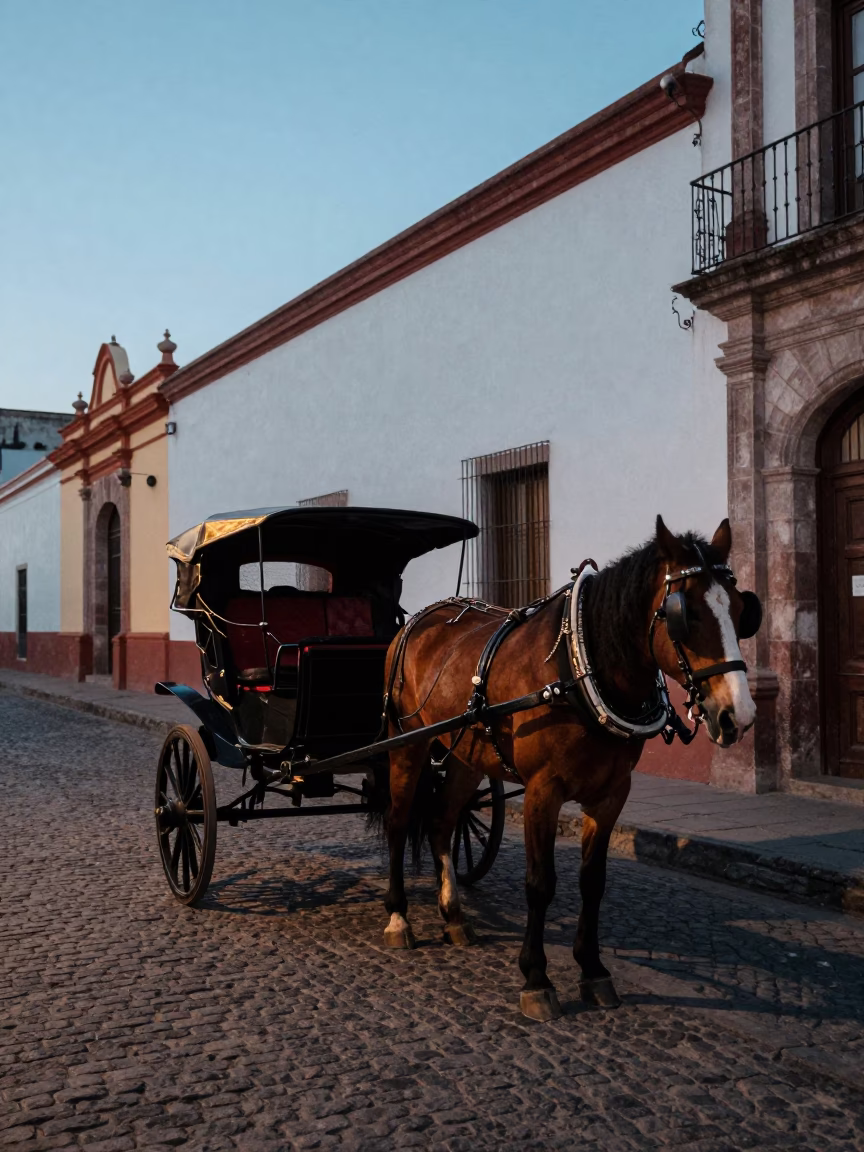 Nautical Dawn Street Scene in Guadalajara Mexico with Horse Cart and Cobblestones in in Guadalajara, Mexico