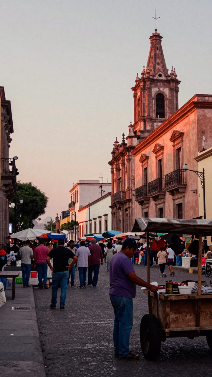 Nautical Dawn Street Scene in Guadalajara Mexico with Local Market Activity in in Guadalajara, Mexico