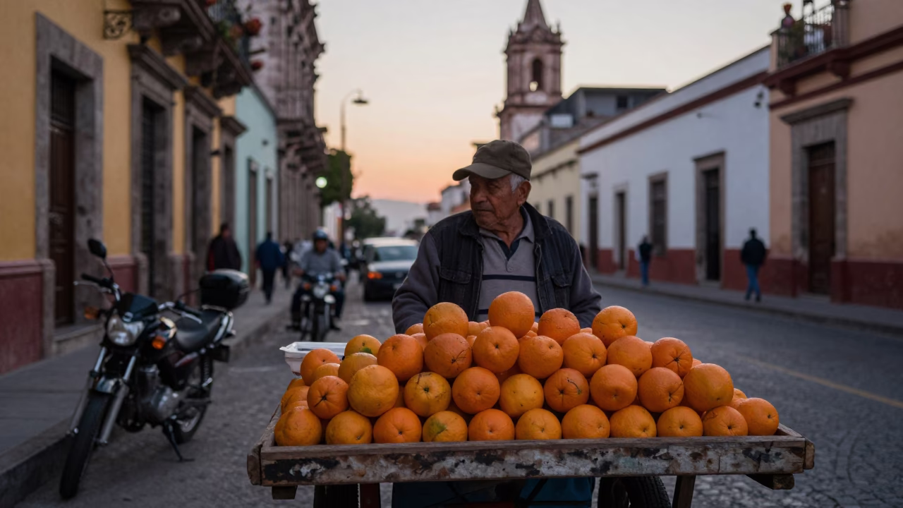 Nautical Dawn Street Scene in Guadalajara Mexico with Oranges and Motorcycle in in Guadalajara, Mexico