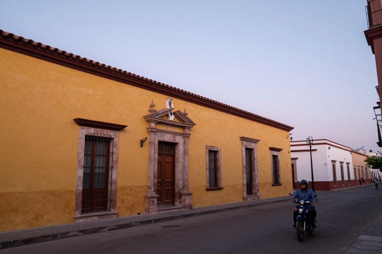 Nautical Dawn Street Scene in Guadalajara Mexico with Vintage Motorcycle and Local Life in in Guadalajara, Mexico