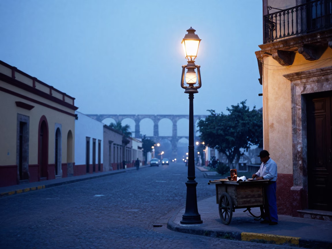 Nautical Dawn Street Scene in Guadalajara Mexico with Vintage Oil Lamp and Mesh Colander in in Guadalajara, Mexico