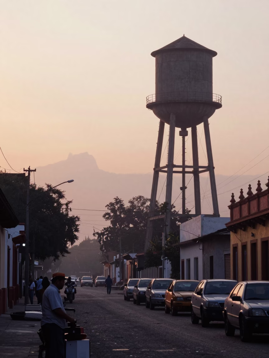 Nautical Dawn Street Scene in Guadalajara Mexico with Water Tower and Ladder in in Guadalajara, Mexico