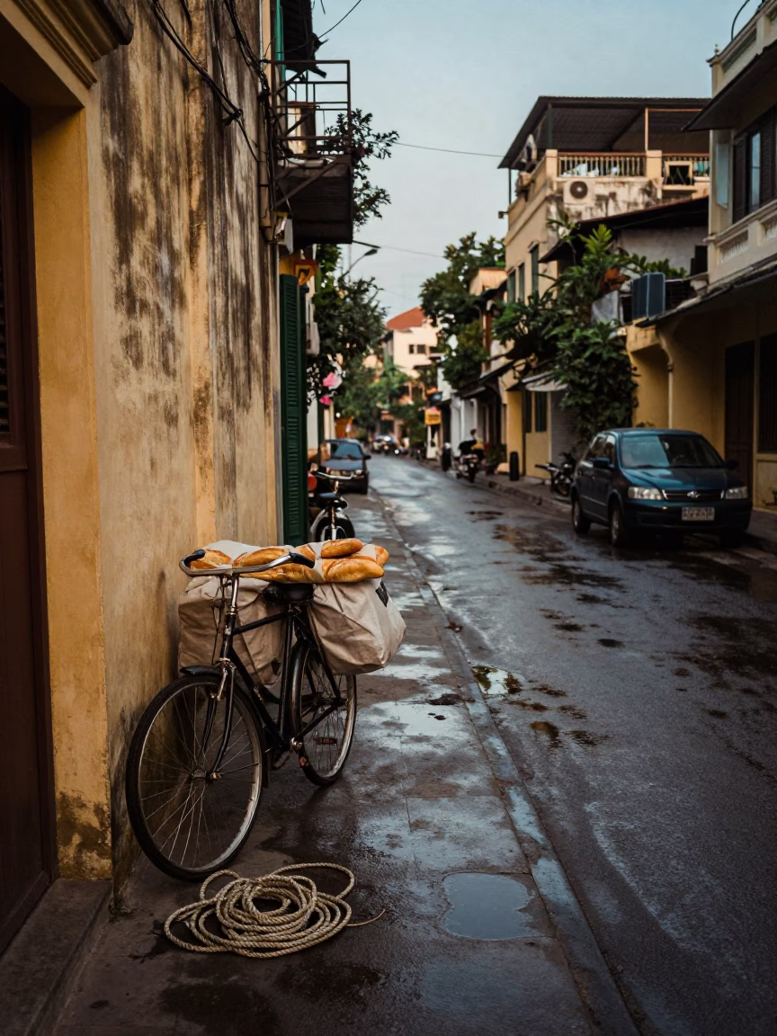 Nautical Dawn Street Scene in Hanoi Vietnam with Bicycle and Water Rings in in Hanoi, Vietnam