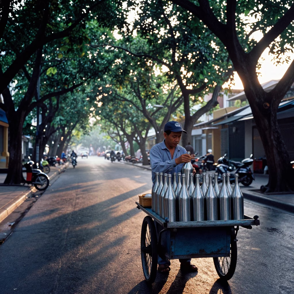 Nautical Dawn Street Scene in Hanoi Vietnam with Brushed Steel Bottle and Pomegranate in in Hanoi, Vietnam
