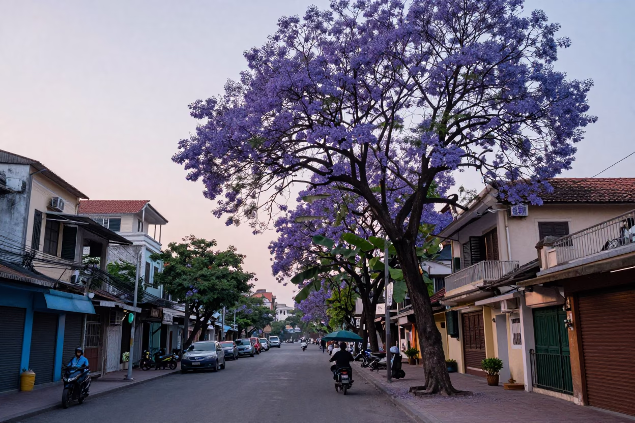 Nautical Dawn Street Scene in Hanoi Vietnam with Euphorbia Candelabra Tree and Jacaranda Bloom in in Hanoi, Vietnam