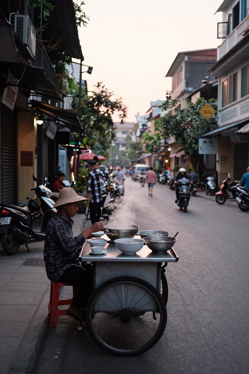 Nautical Dawn Street Scene in Hanoi Vietnam with Morning Coffee and Urban Details in in Hanoi, Vietnam
