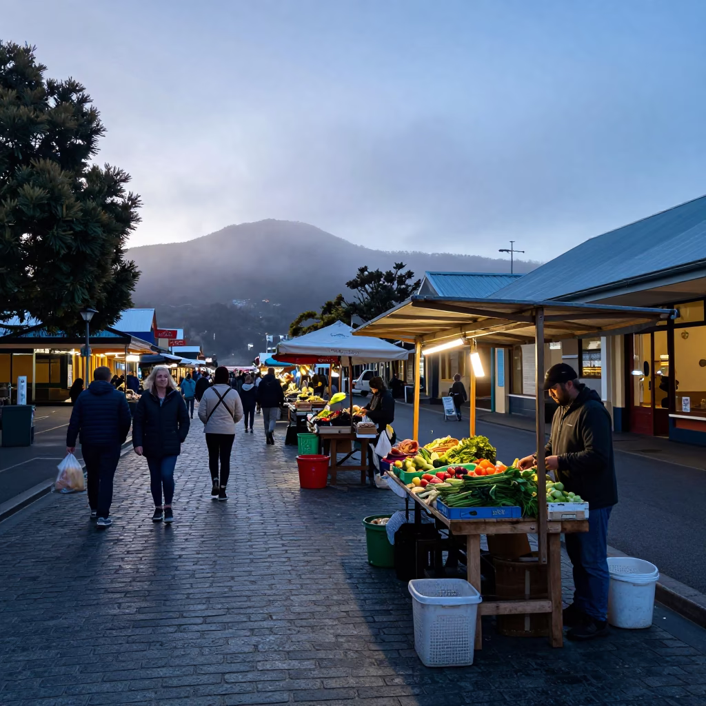 Nautical Dawn Street Scene in Hobart Tasmania Australia with Local Market Activity in in Hobart, Tasmania, Australia