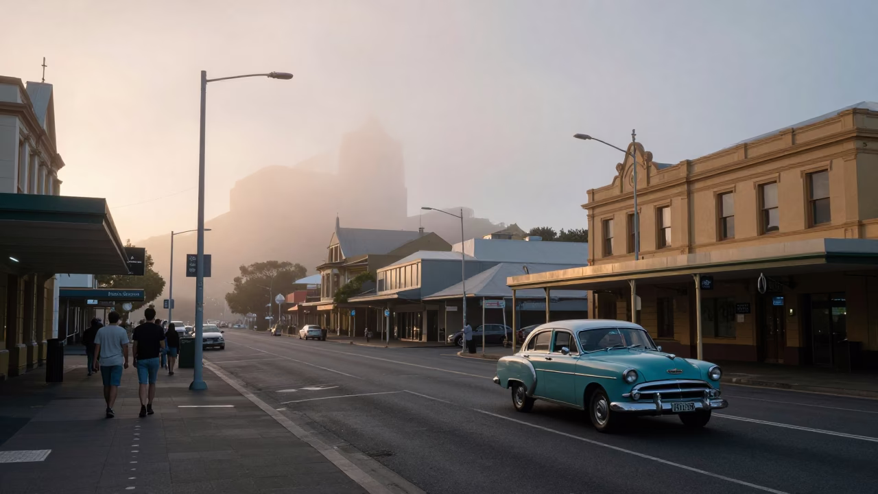 Nautical Dawn Street Scene in Hobart Tasmania with Vintage 1960s Realism in in Hobart, Tasmania, Australia