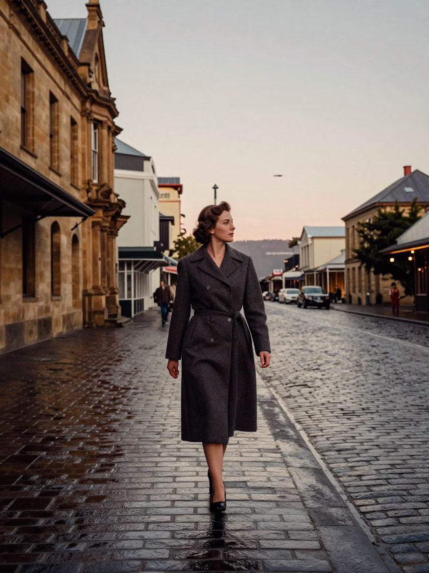 Nautical Dawn Street Scene in Hobart Tasmania with Vintage Fashion and Cobblestone Details in in Hobart, Tasmania, Australia