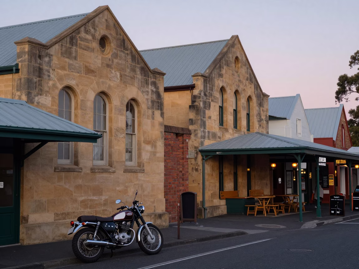 Nautical Dawn Street Scene in Hobart Tasmania with Vintage Motorcycle and Coffee Shop in in Hobart, Tasmania, Australia