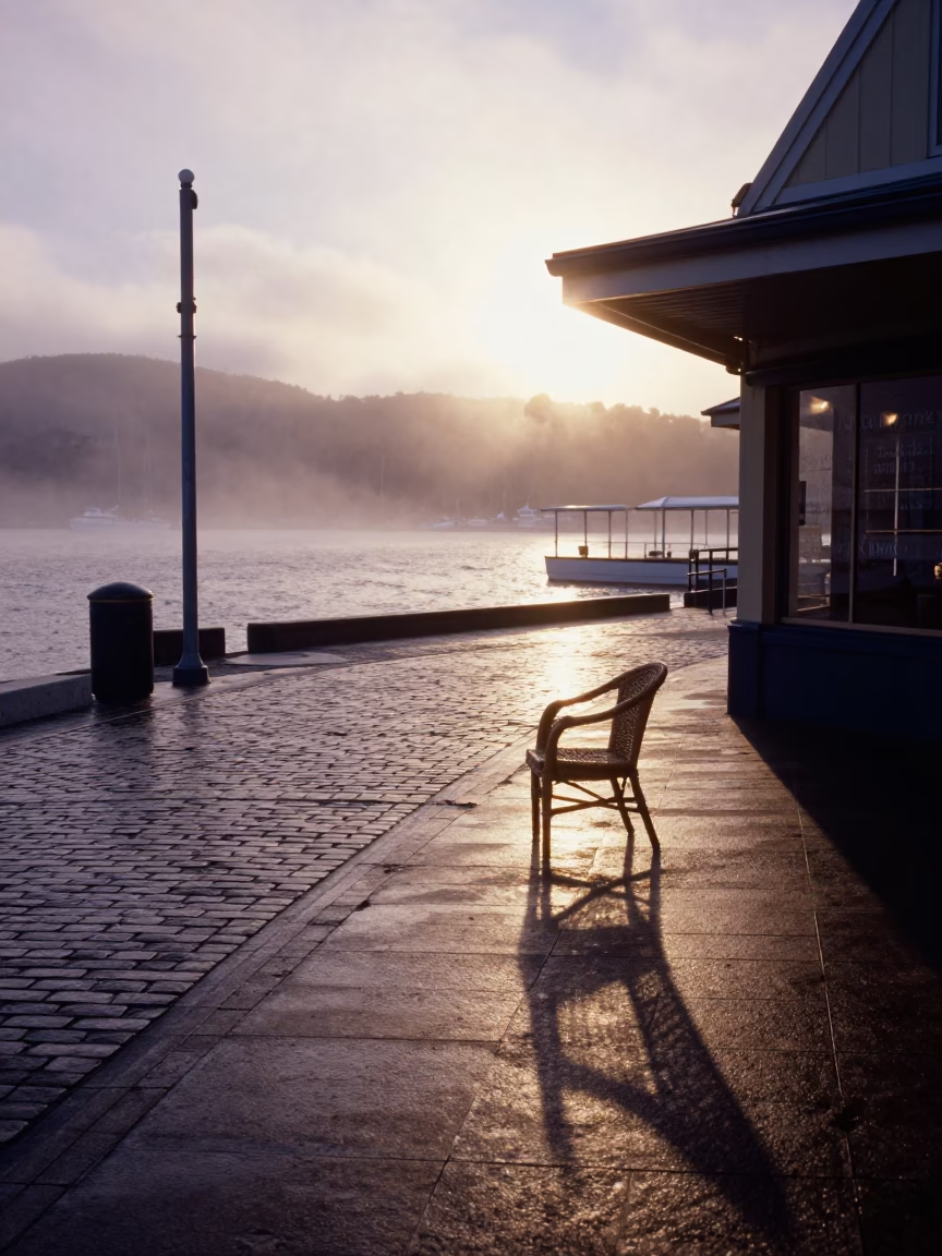 Nautical Dawn Street Scene in Hobart Tasmania with Wicker Shadow on Cobblestone in in Hobart, Tasmania, Australia
