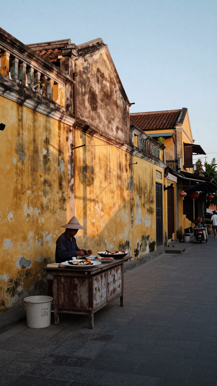 Nautical Dawn Street Scene in Hoi An Vietnam with Grilled Fish and Lumpia in in Hoi An, Vietnam