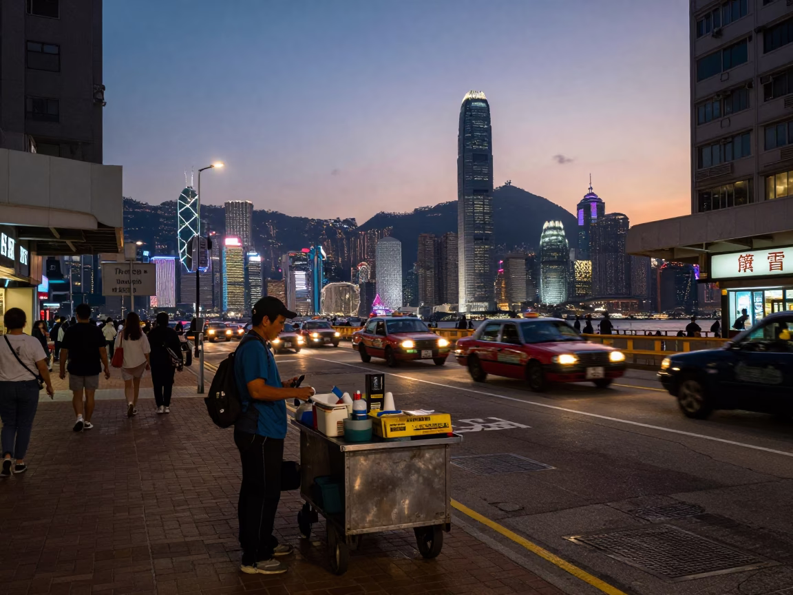 Nautical Dawn Street Scene in Hong Kong with Vendor and Early Commuters in in Hong Kong, Hong Kong