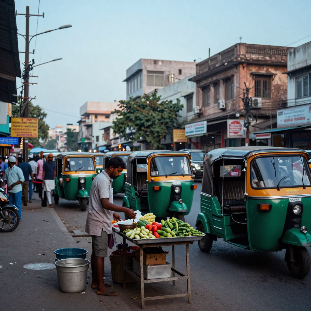 Nautical Dawn Street Scene in Hyderabad India with Auto Rickshaws and Morning Commuters in in Hyderabad, India