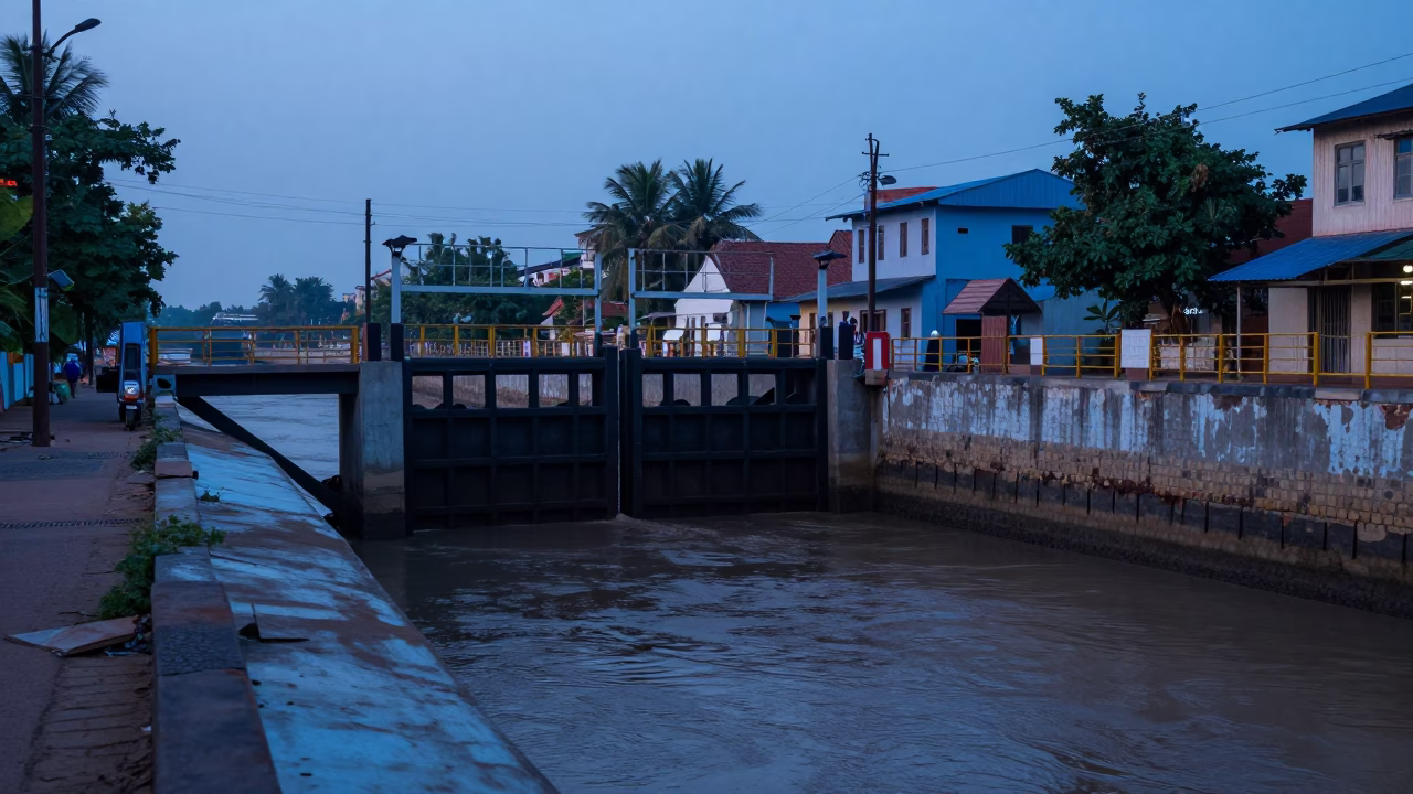 Nautical Dawn Street Scene in Hyderabad India with Sluice Gate and Canal Edge in in Hyderabad, India