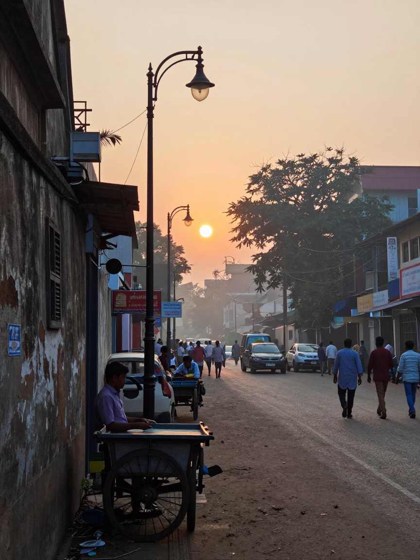 Nautical Dawn Street Scene in Hyderabad India with Vintage Lamp and Local Activity in in Hyderabad, India
