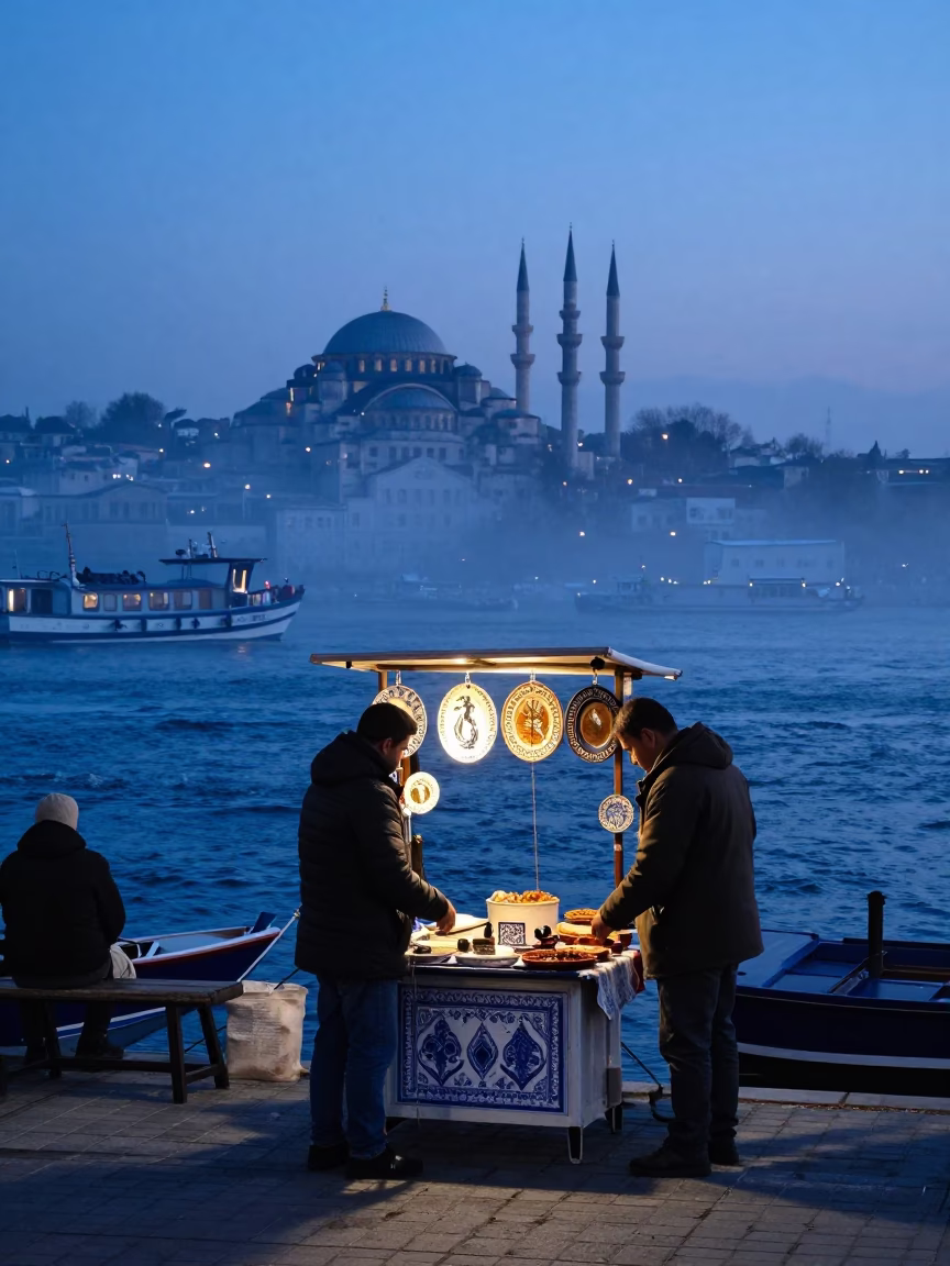Nautical Dawn Street Scene in Istanbul Turkey with Blue and White Porcelain and Lantern in in Istanbul, Turkey