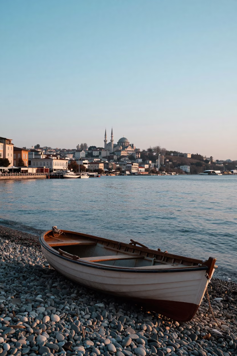 Nautical Dawn Street Scene in Istanbul Turkey with Rowboat on Pebble Beach in in Istanbul, Turkey