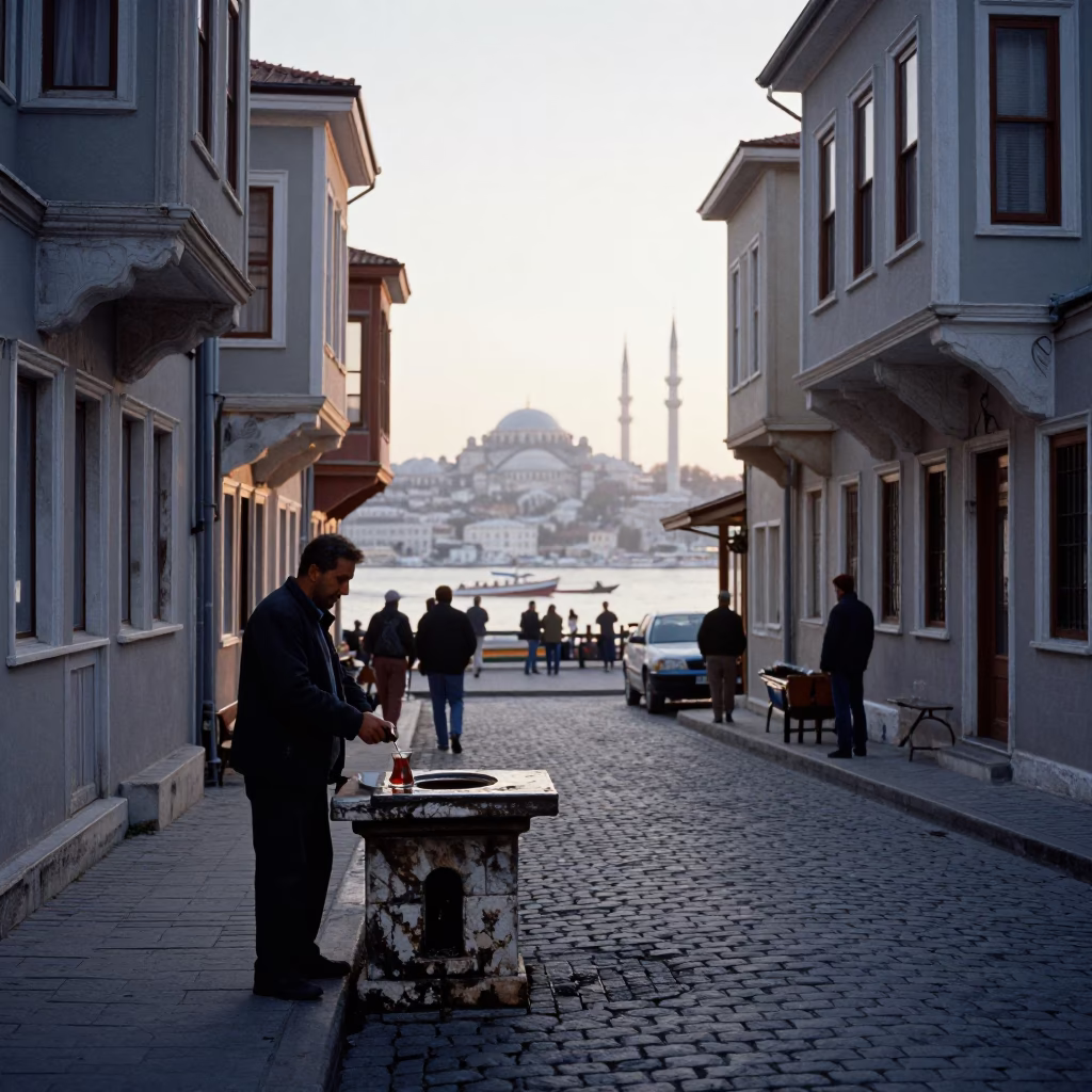 Nautical Dawn Street Scene in Istanbul Turkey with Tea Stains and Urban Details in in Istanbul, Turkey