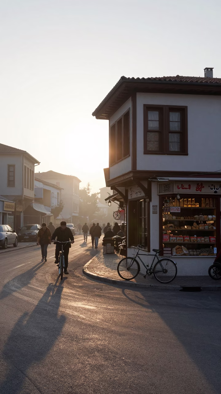 Nautical Dawn Street Scene in Izmir Turkey with Bicycle and Bakery in in Izmir, Turkey