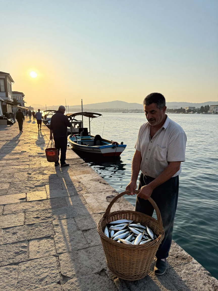 Nautical Dawn Street Scene in Izmir Turkey with Local Fisherman and Vintage Details in in Izmir, Turkey