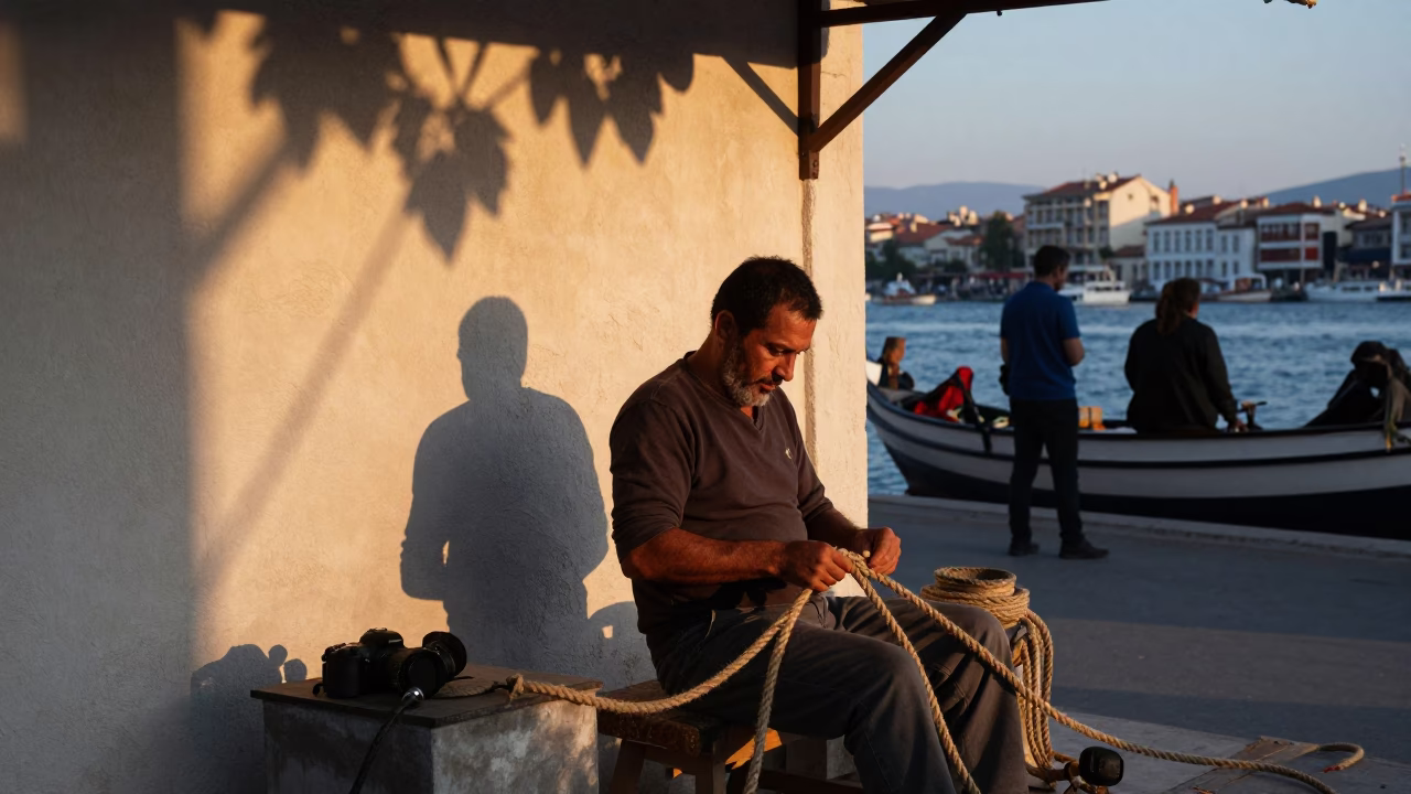 Nautical Dawn Street Scene in Izmir Turkey with Rope Maker and Leaf Shadows in in Izmir, Turkey
