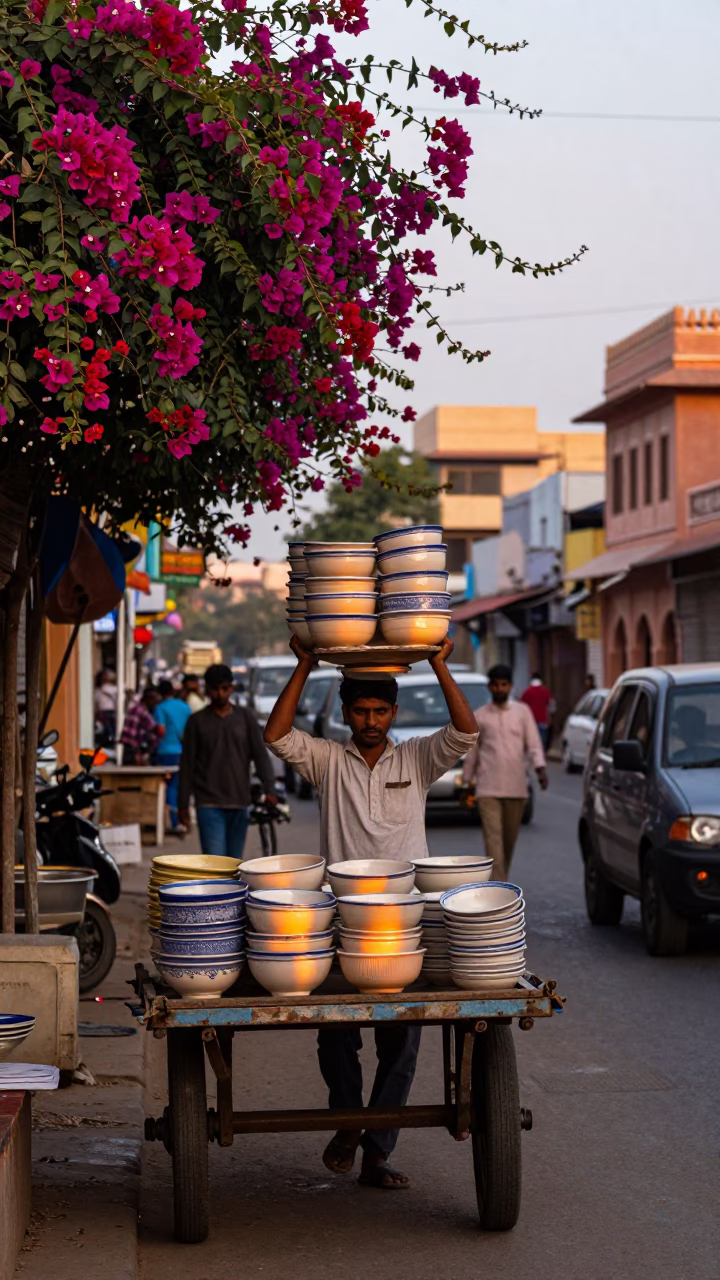 Nautical Dawn Street Scene in Jaipur India with Bougainvillea and Ceramic Bowls in in Jaipur, India