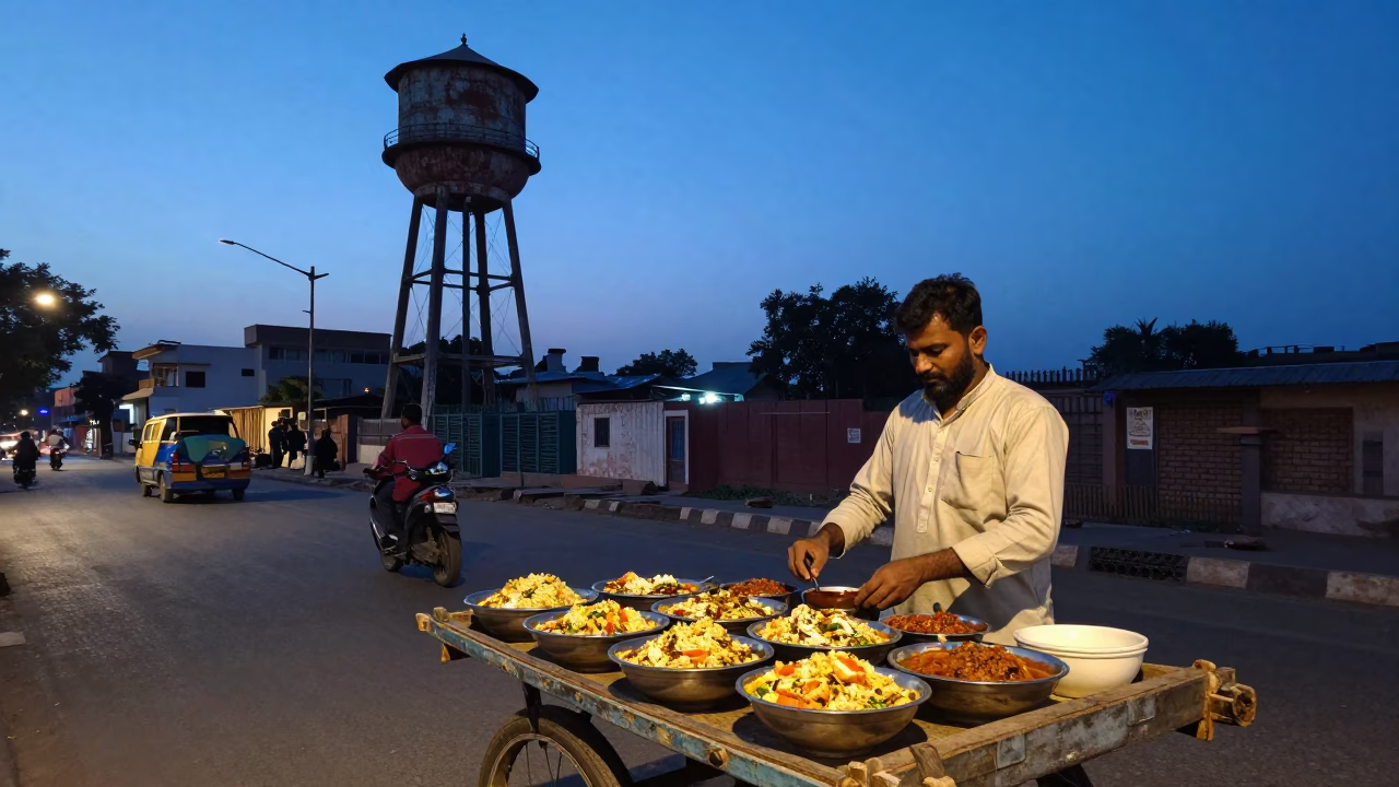 Nautical Dawn Street Scene in Jaipur India with Water Tower and Morning Dew in in Jaipur, India