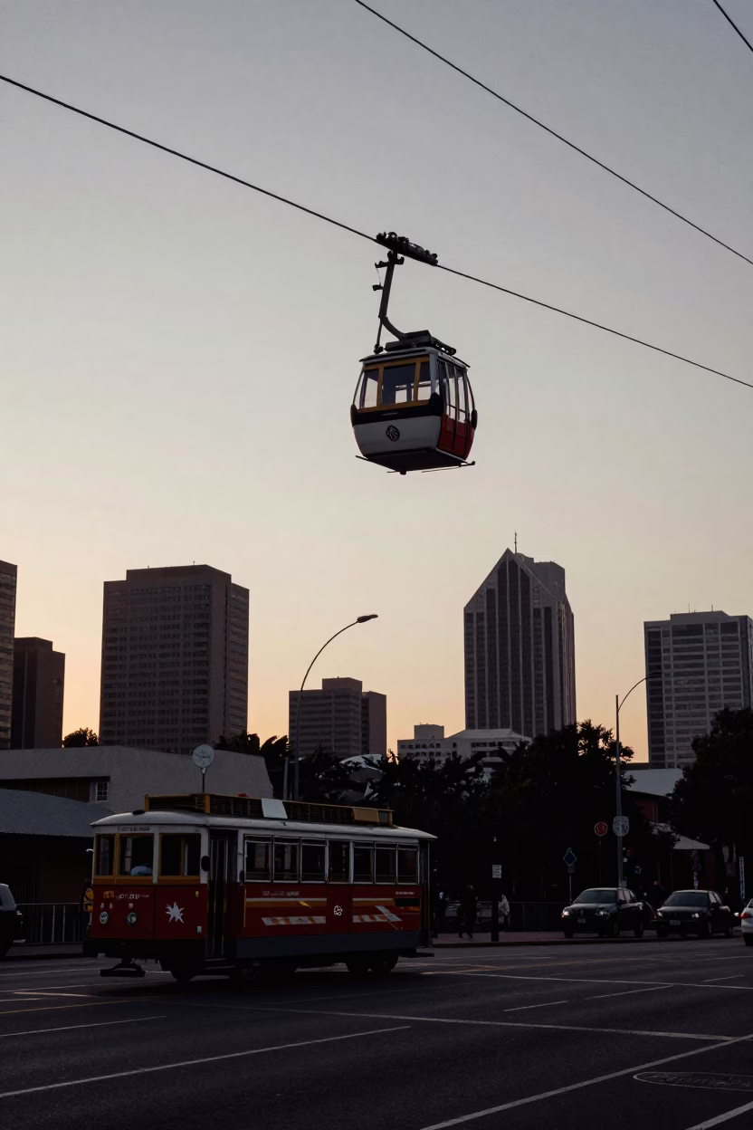 Nautical Dawn Street Scene in Johannesburg South Africa with Cable Car and Urban Activity in in Johannesburg, South Africa