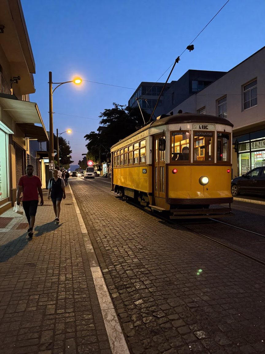 Nautical Dawn Street Scene in Johannesburg South Africa with Tram and Local Commerce in in Johannesburg, South Africa