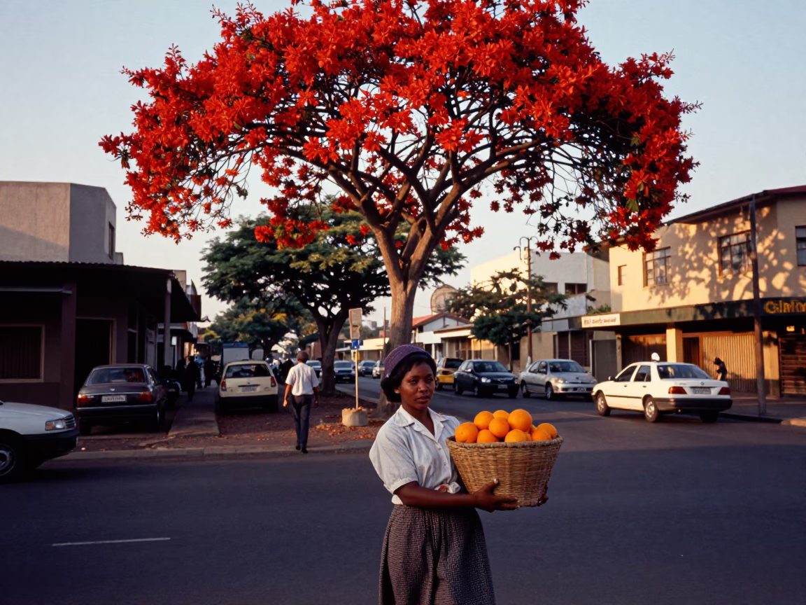 Nautical Dawn Street Scene in Johannesburg with Flame Tree and Dust in in Johannesburg, South Africa