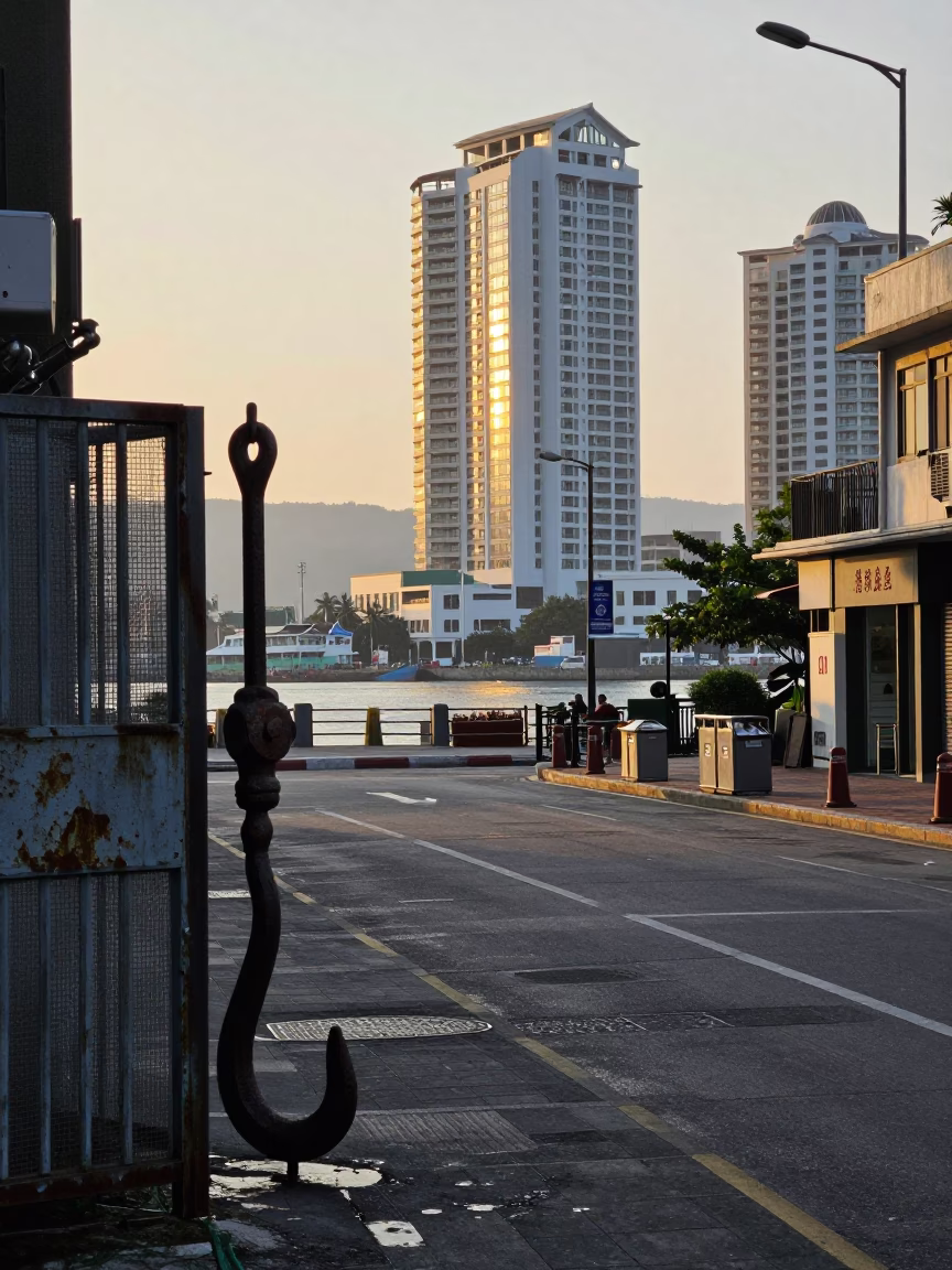 Nautical Dawn Street Scene in Kaohsiung Taiwan with Iron Hook and Dog in in Kaohsiung, Taiwan