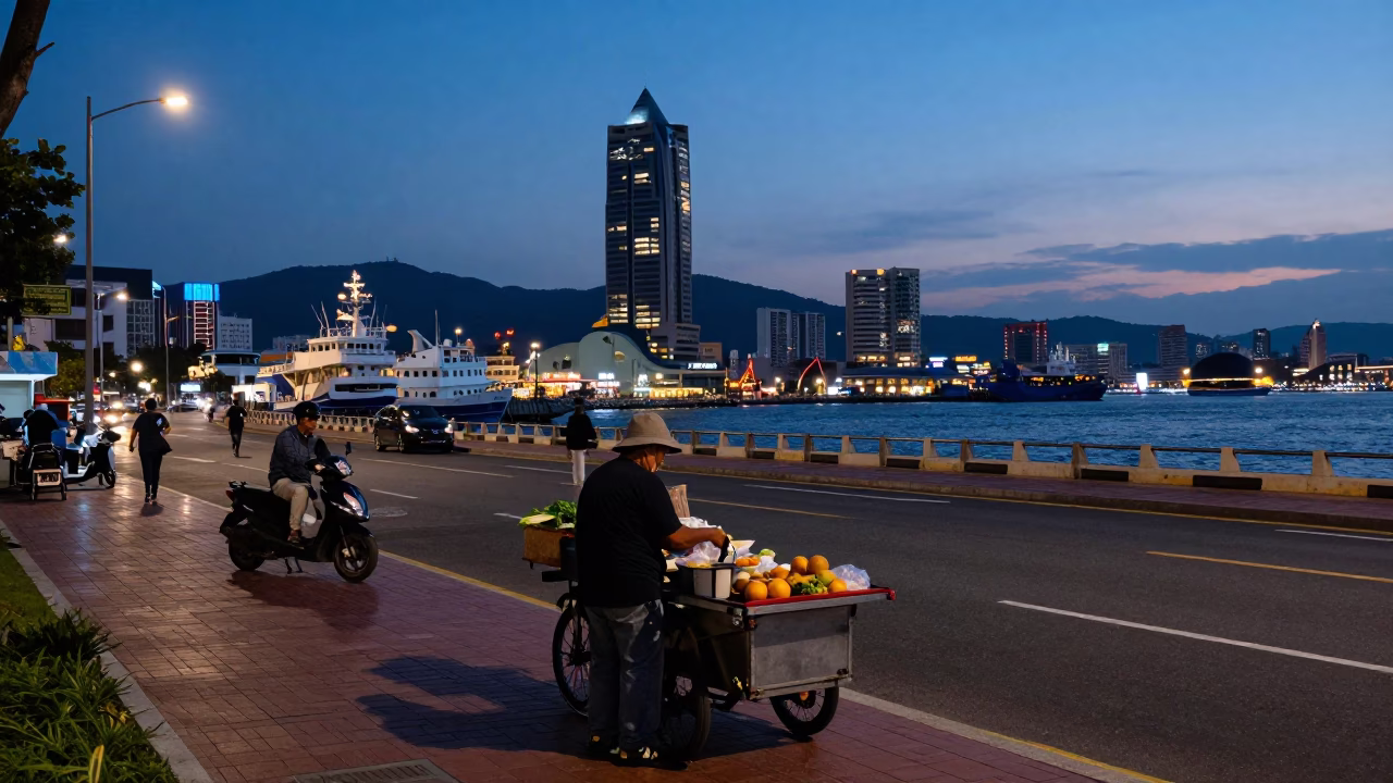 Nautical Dawn Street Scene in Kaohsiung Taiwan With Urban Morning Activity in in Kaohsiung, Taiwan