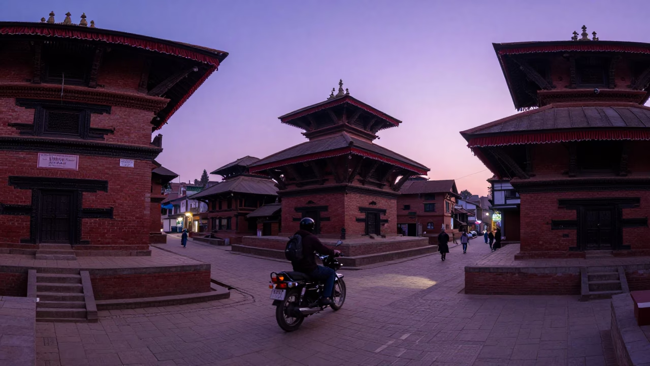 Nautical Dawn Street Scene in Kathmandu Nepal with Early Morning Activity in in Kathmandu, Nepal