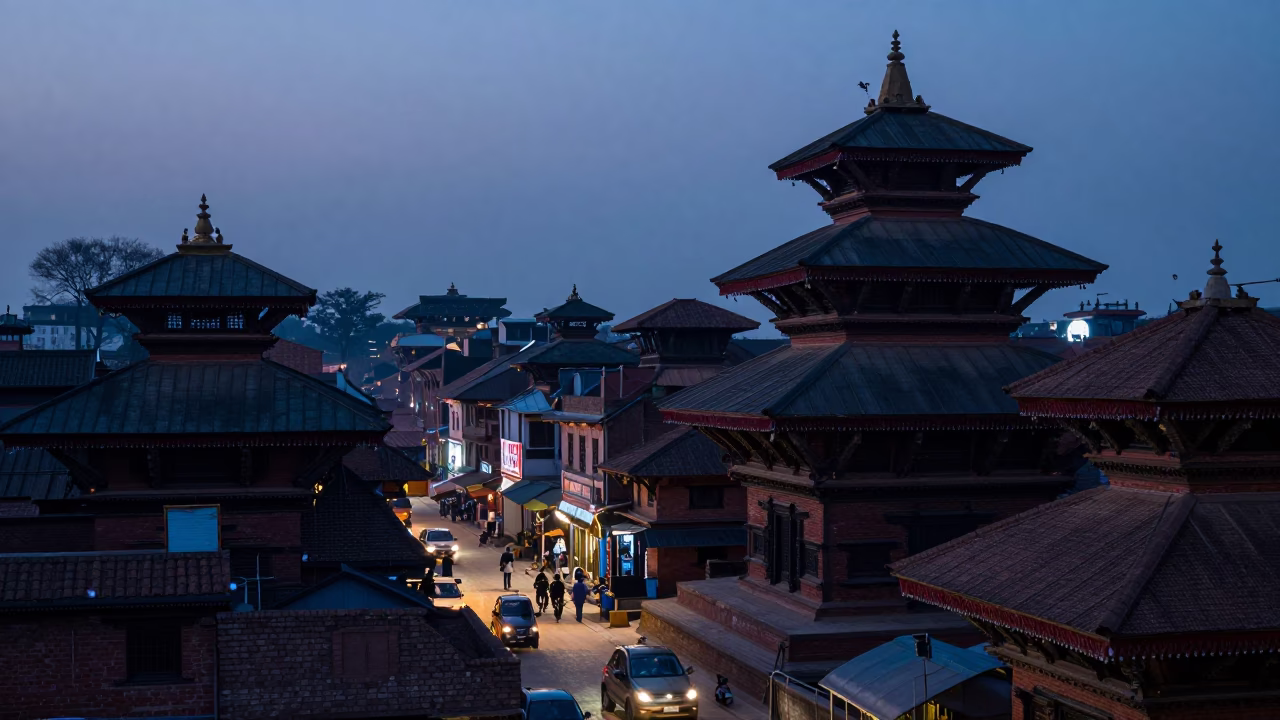 Nautical Dawn Street Scene in Kathmandu Nepal with Local Morning Activity in in Kathmandu, Nepal