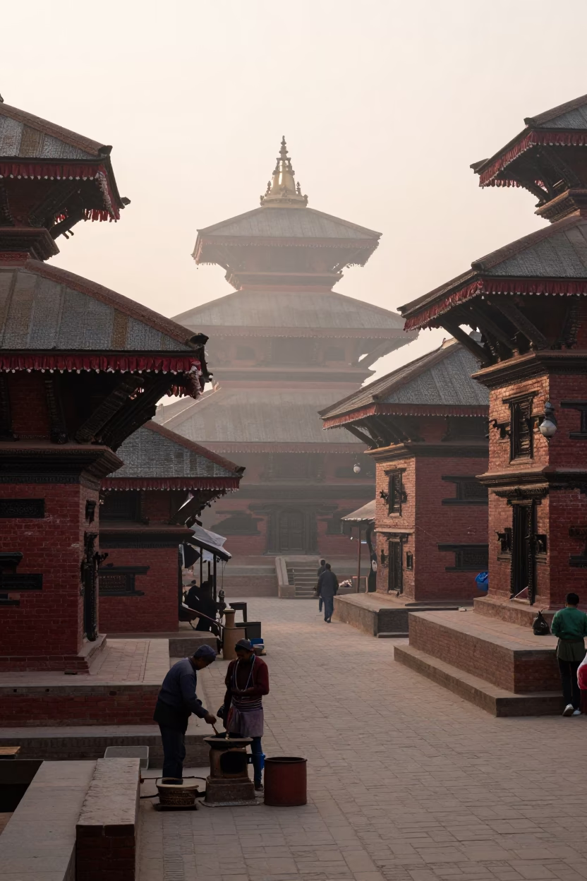 Nautical Dawn Street Scene in Kathmandu Nepal with Traditional Architecture and Morning Activity in in Kathmandu, Nepal