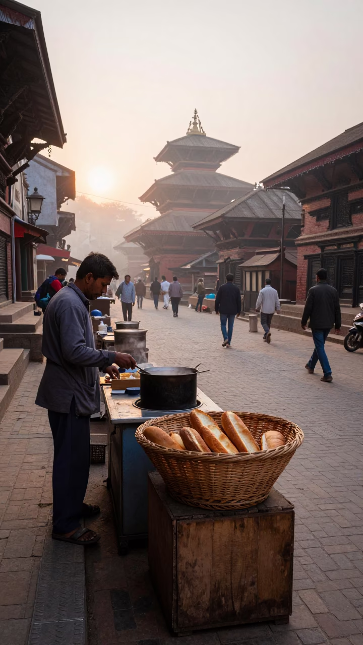 Nautical Dawn Street Scene in Kathmandu Nepal with Traditional Bread Basket and Kitchen Utensil in in Kathmandu, Nepal