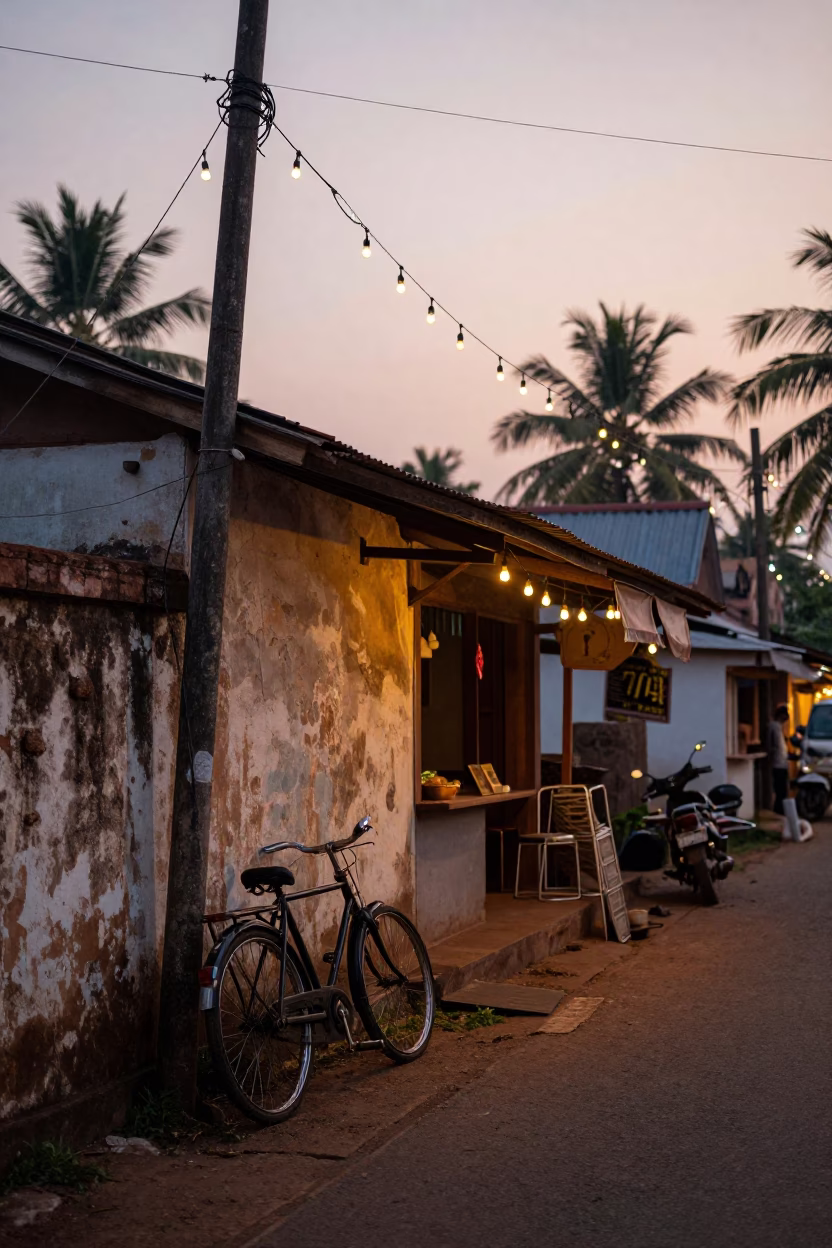 Nautical Dawn Street Scene in Kochi India with Bicycle and String Lights in in Kochi, India