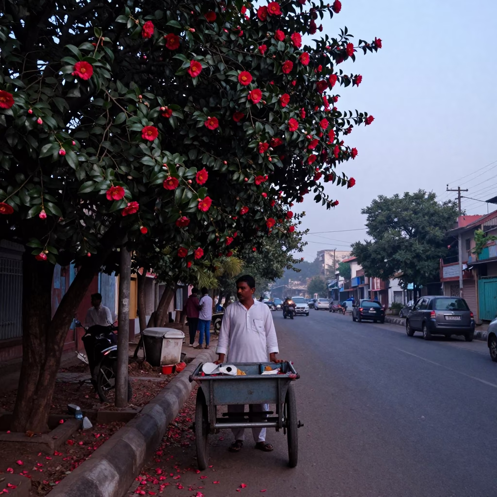 Nautical Dawn Street Scene in Kolkata India with Camellia and Morning Routine in in Kolkata, India